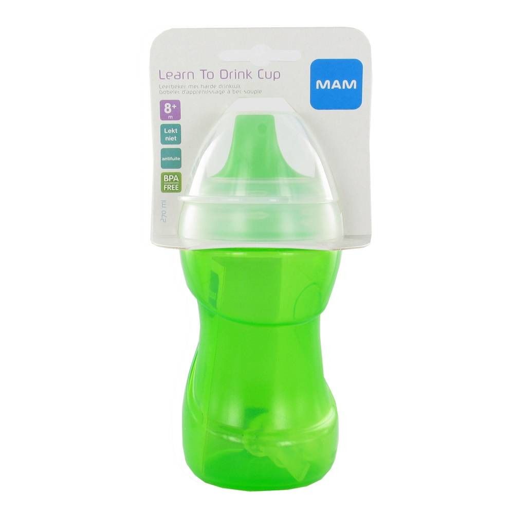 Gobelet vert avec couvercle blanc. L'emballage indique "Learn To Drink Cup" et "MAM". Sans BPA.