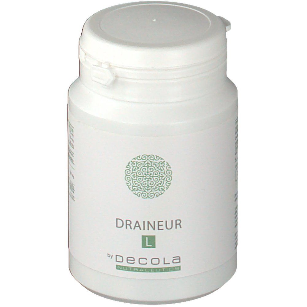 Flacon blanc avec couvercle. Inscription: Draineur L by Decola. Logo vert.