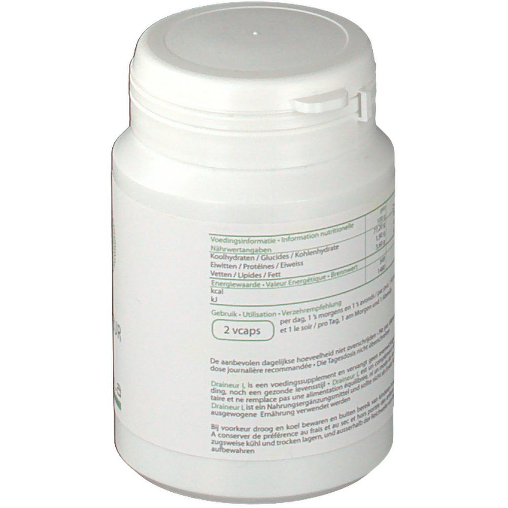 Flacon blanc avec couvercle. Dos avec informations nutritionnelles et dosage.