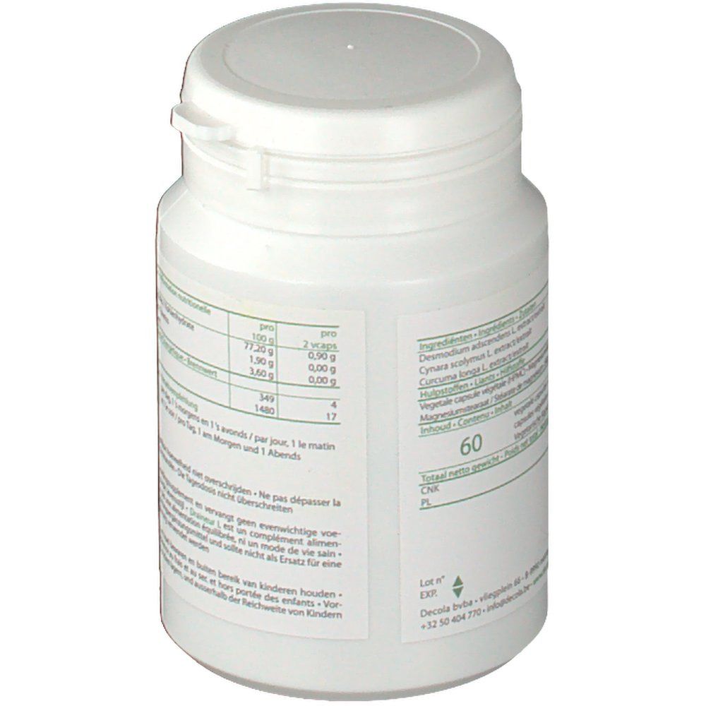 Flacon blanc avec couvercle. Dos avec liste d'ingrédients et informations nutritionnelles.