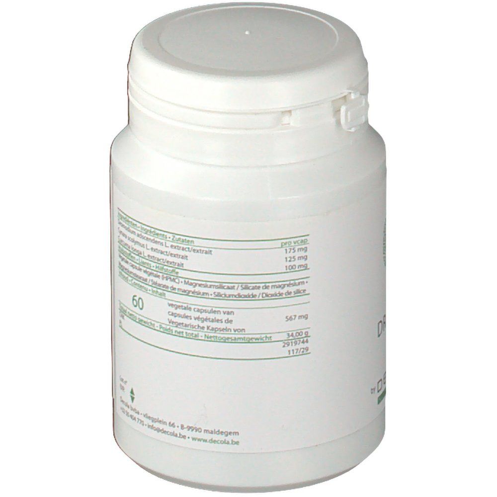 Flacon blanc avec couvercle. Dos avec liste d'ingrédients et informations nutritionnelles.