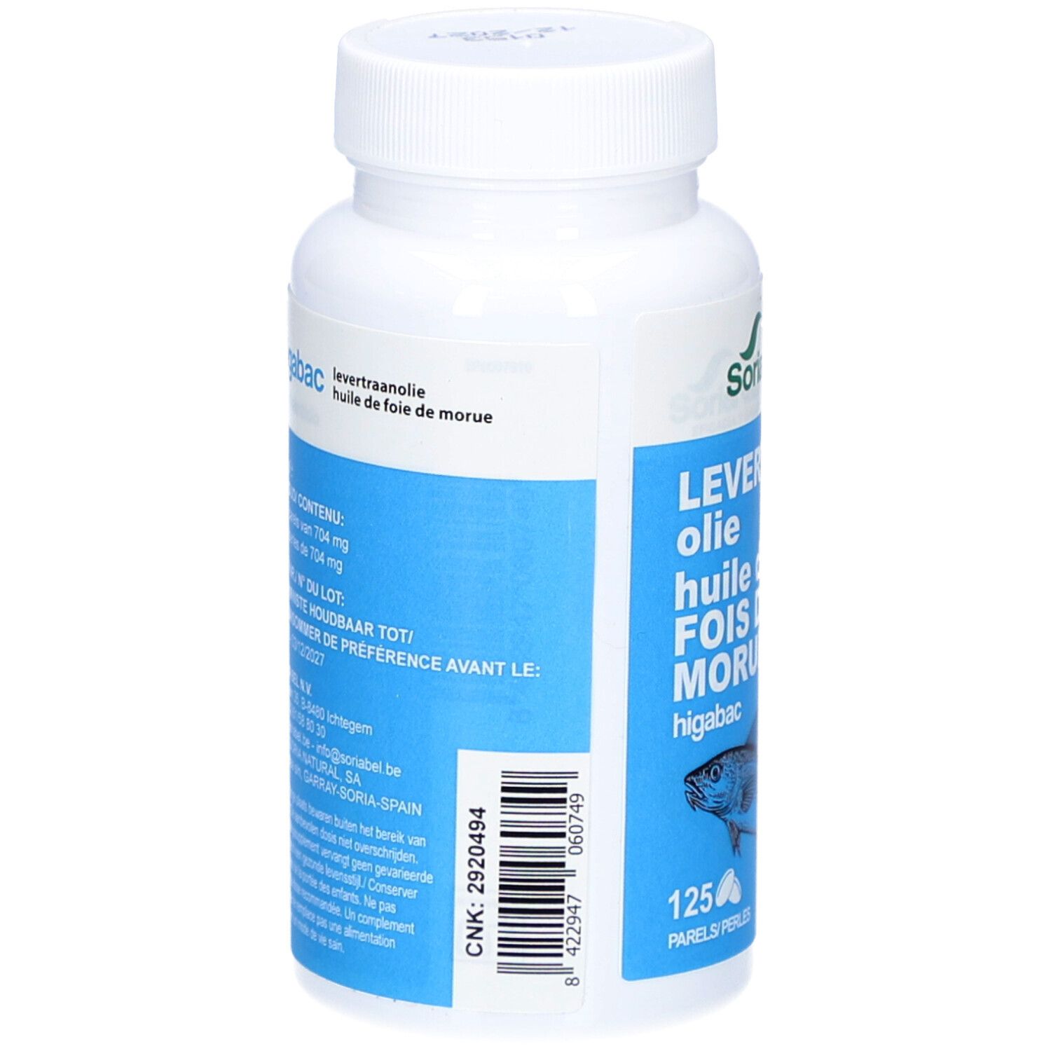 Witte fles met blauw etiket. Opschrift: Levertraanolie, huile de foie de morue, higabac. Tekst met inhoud en houdbaarheidsdatum.