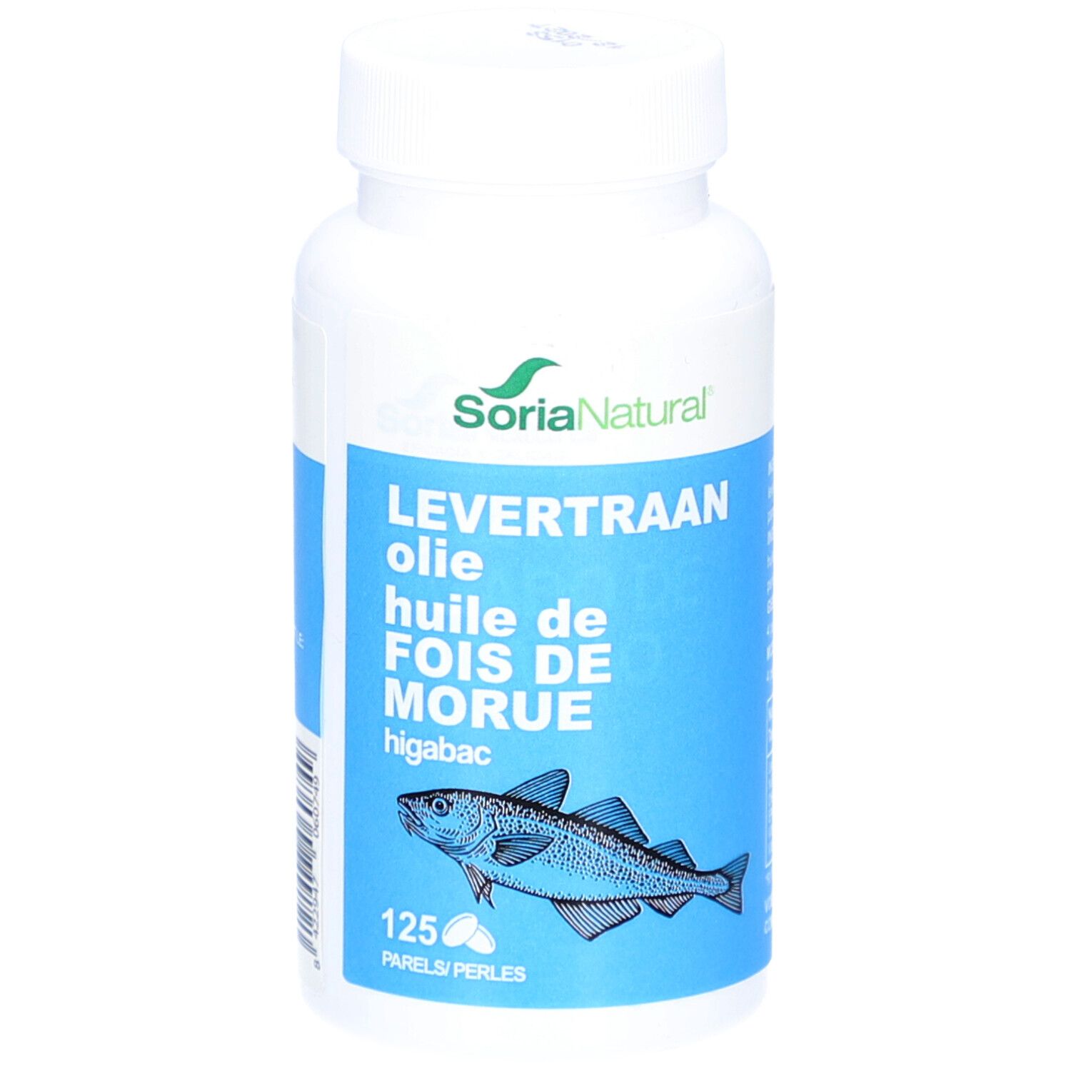 Witte fles met blauw etiket. Opschrift: Soria Natural, Levertraanolie, huile de foie de morue, higabac. Vis-illustratie. 125 parels.