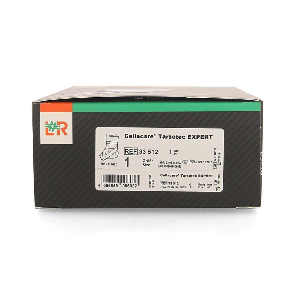 Cellacare Tarsotec Expert verpakking, bovenaanzicht. Productnaam, maat en artikelnummer duidelijk zichtbaar. Zwarte verpakking.