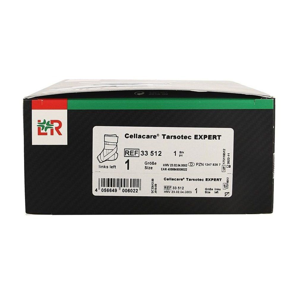 Verpakking met Cellacare Tarsotec. Illustratie van voet met brace en persoon. LR logo.