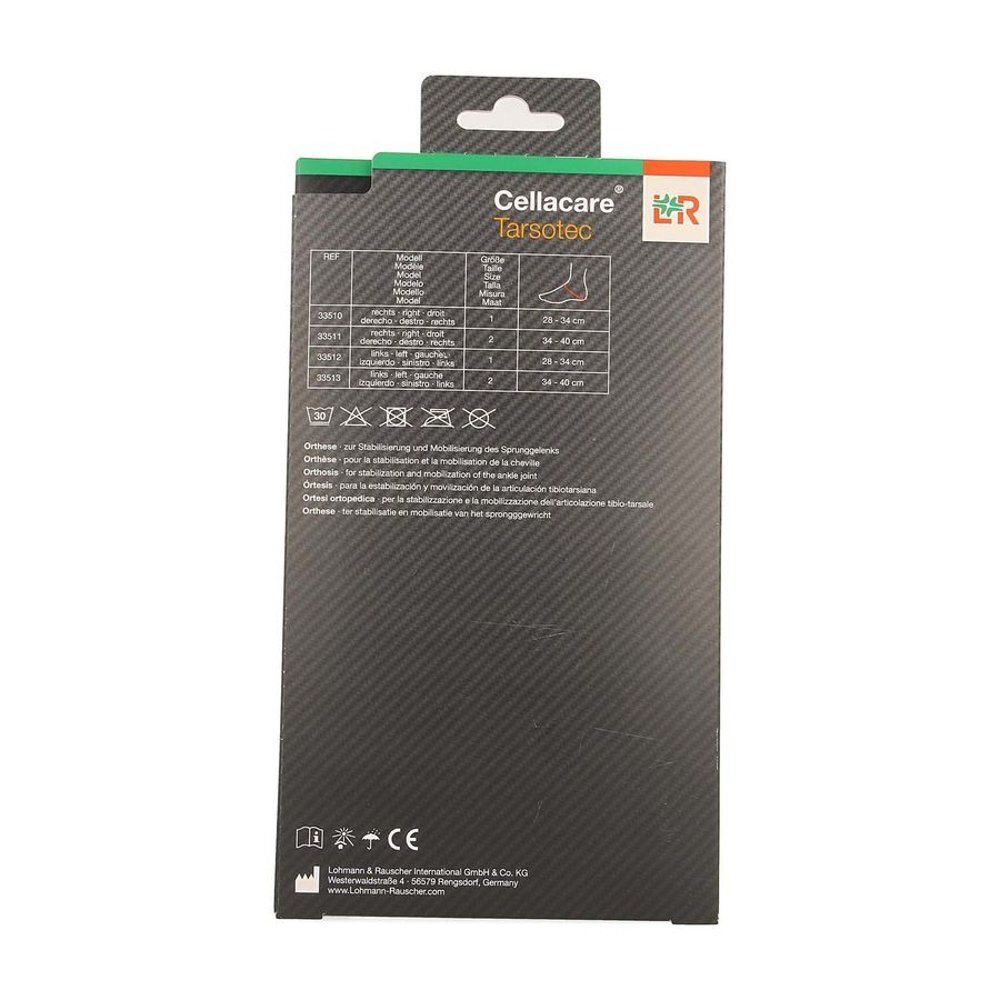 Achterkant Cellacare Tarsotec Expert verpakking. Maattabellen en wassymbolen. CE-markering.