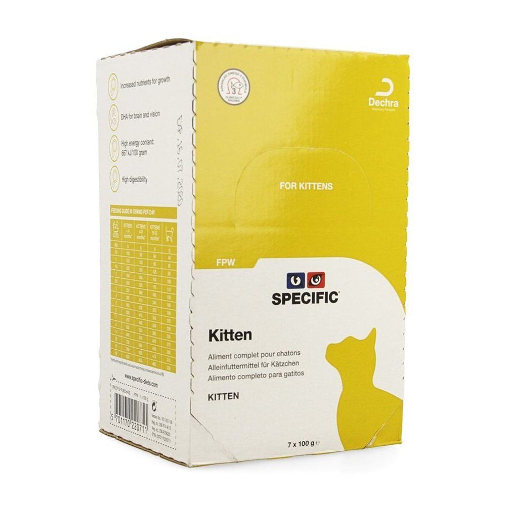 Doos kattenvoer SPECIFIC Kitten. Bevat 7 zakjes van 100g. Gele achtergrond met kattenomtrek.
