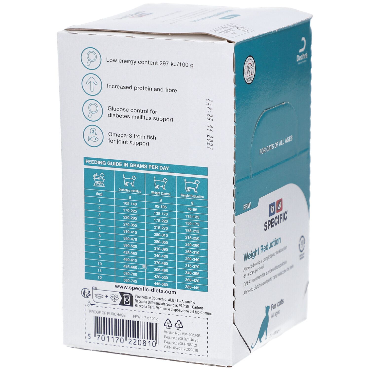 Boîte SPECIFIC Weight Reduction pour chats. Verso avec informations nutritionnelles et recommandations. Logo.
