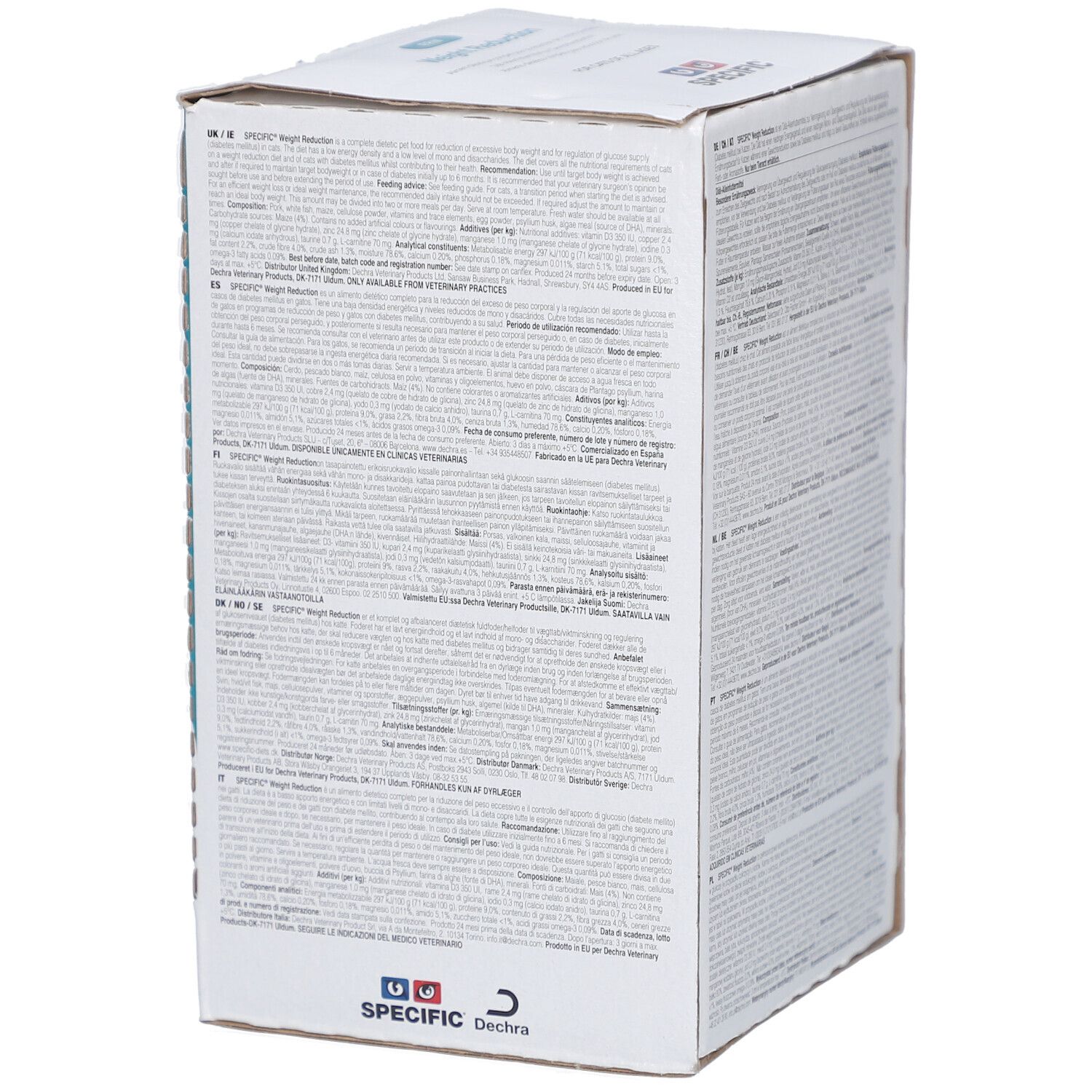 Boîte SPECIFIC Weight Reduction pour chats. Verso avec texte multilingue. Logo et certification.