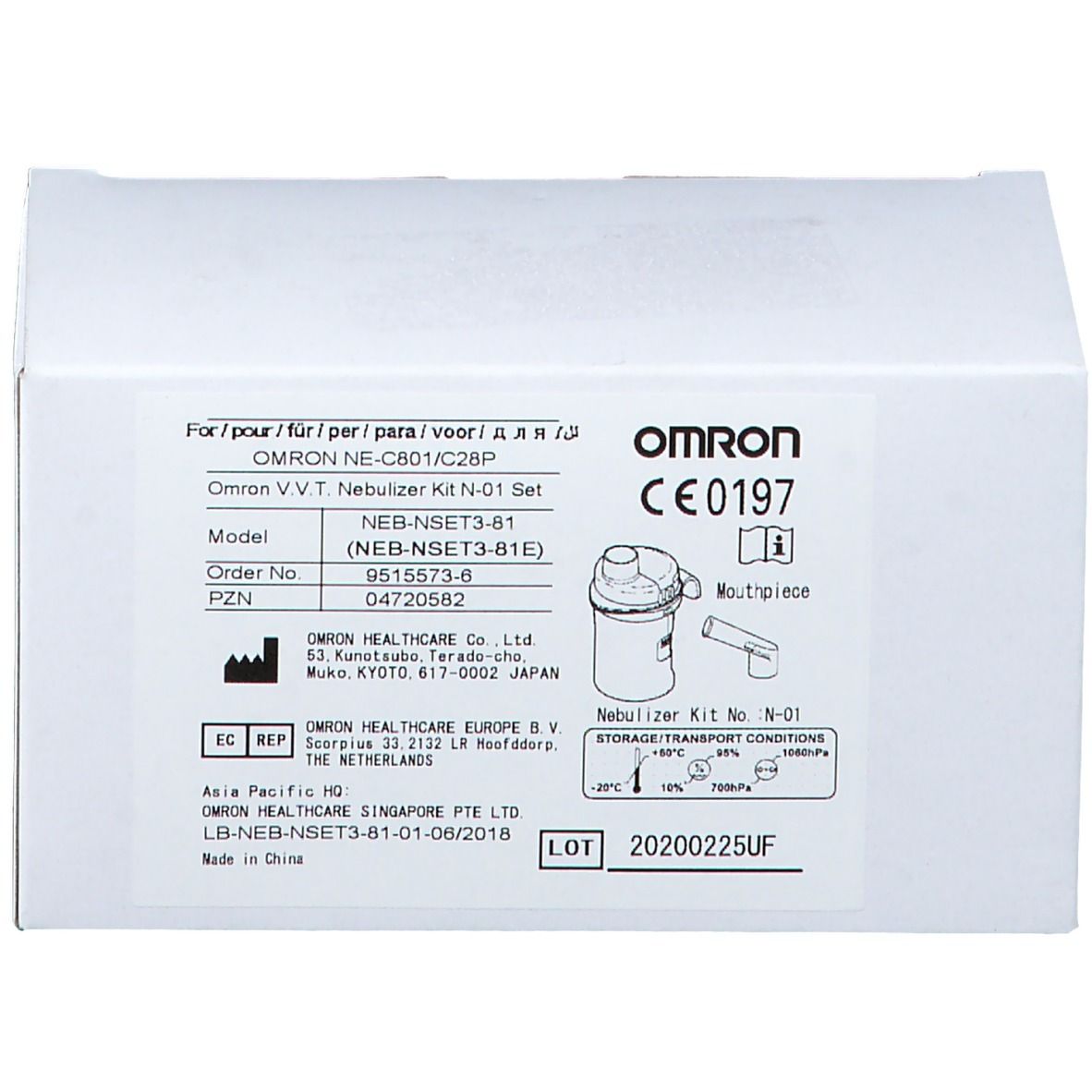 Emballage du kit nébuliseur Omron N-01 avec modèle NEB-NSET3-81 et marquage CE0197.