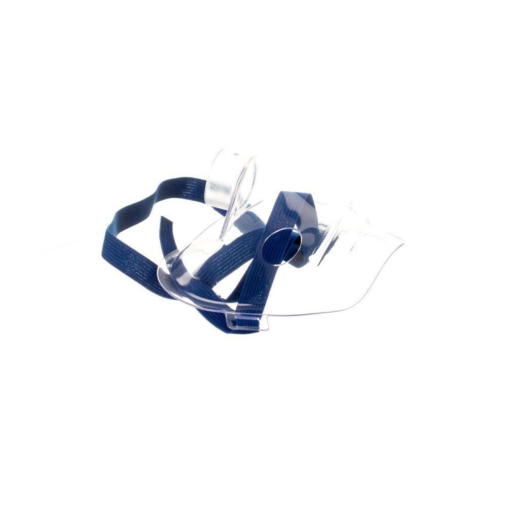 Masque respiratoire pour enfants en PVC transparent avec bande élastique bleue.