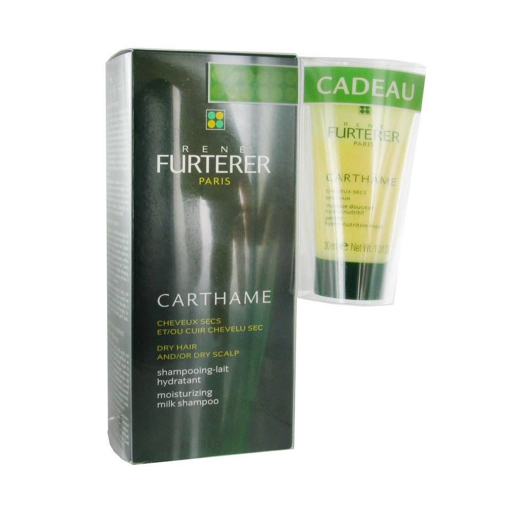 Boîte et tube de shampooing. Inscription: Carthame, Rene Furterer. Pour cheveux secs et cuir chevelu. Emballage cadeau.