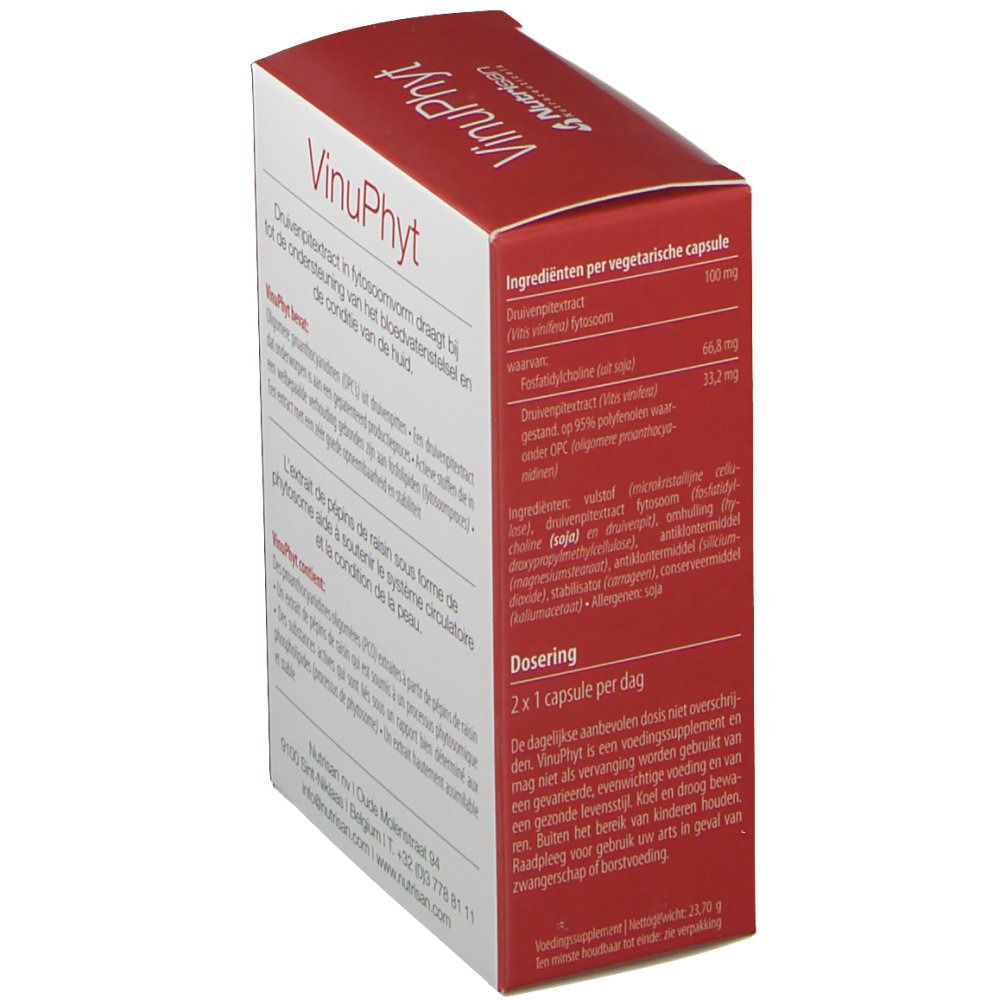 Vue latérale de la boîte VinuPhyt. Texte en néerlandais. Informations sur le produit et posologie.