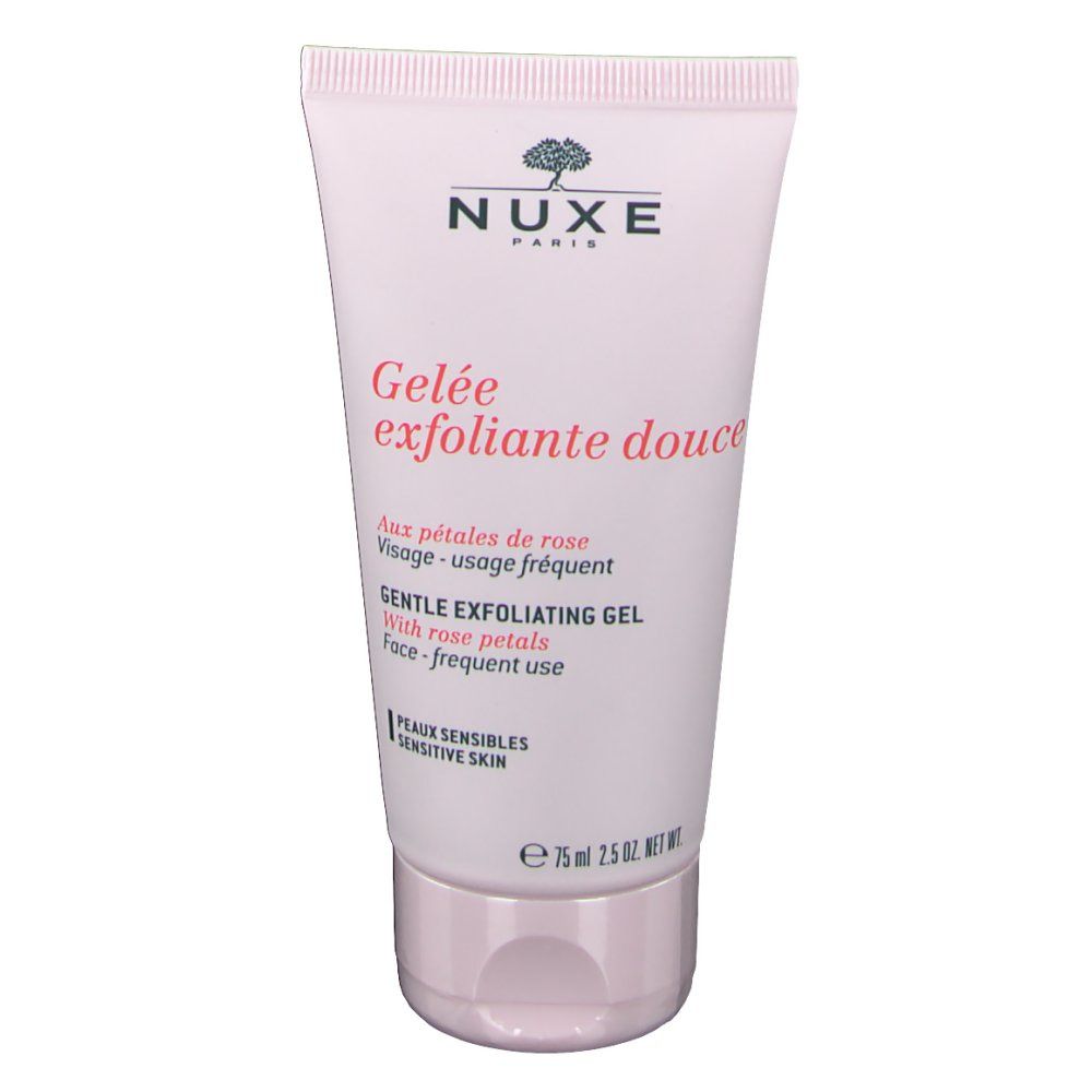 Roze tube met NUXE-logo en tekst. Gelée exfoliante douce. Zachte peelinggel met rozenblaadjes. Voor de gevoelige huid.