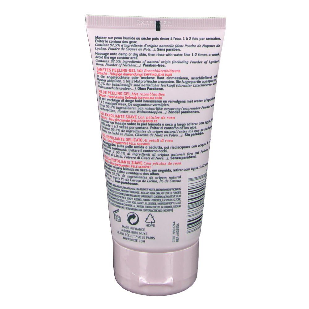 Achterkant van de tube. Tekst in meerdere talen. Gelée exfoliante douce. Zachte peelinggel met rozenblaadjes. Voor de gevoelige huid.