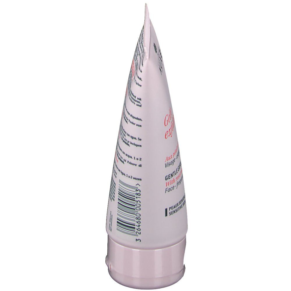 Zijaanzicht van de tube. Roze tube met tekst. Gelée exfoliante douce. Zachte peelinggel met rozenblaadjes. Voor de gevoelige huid.