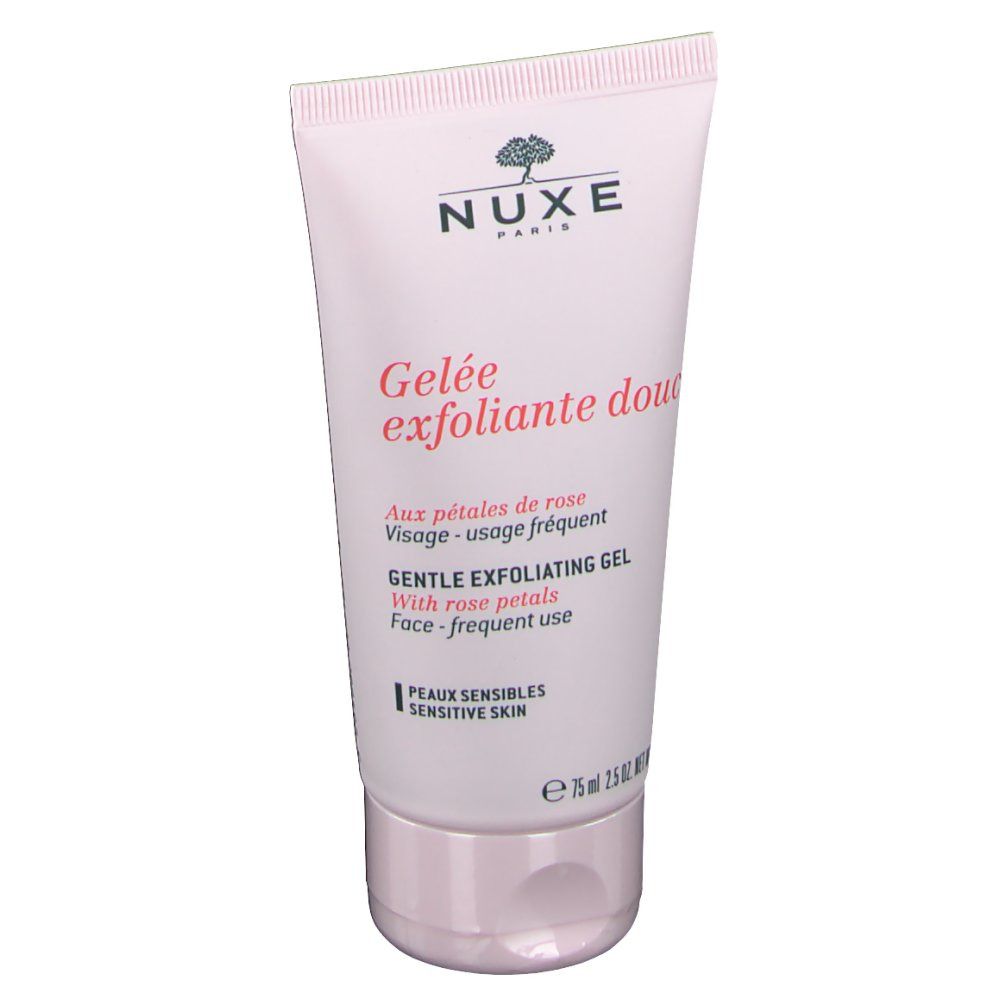 Roze tube met NUXE-logo en tekst. Gelée exfoliante douce. Zachte peelinggel met rozenblaadjes. Voor de gevoelige huid.