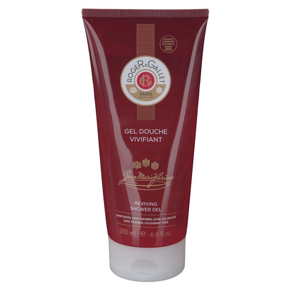 Rood-transparante tube met witte dop. Opschrift: Roger & Gallet, Gel Douche Vivifiant, Jean Marie Farina, Reviving Shower Gel.