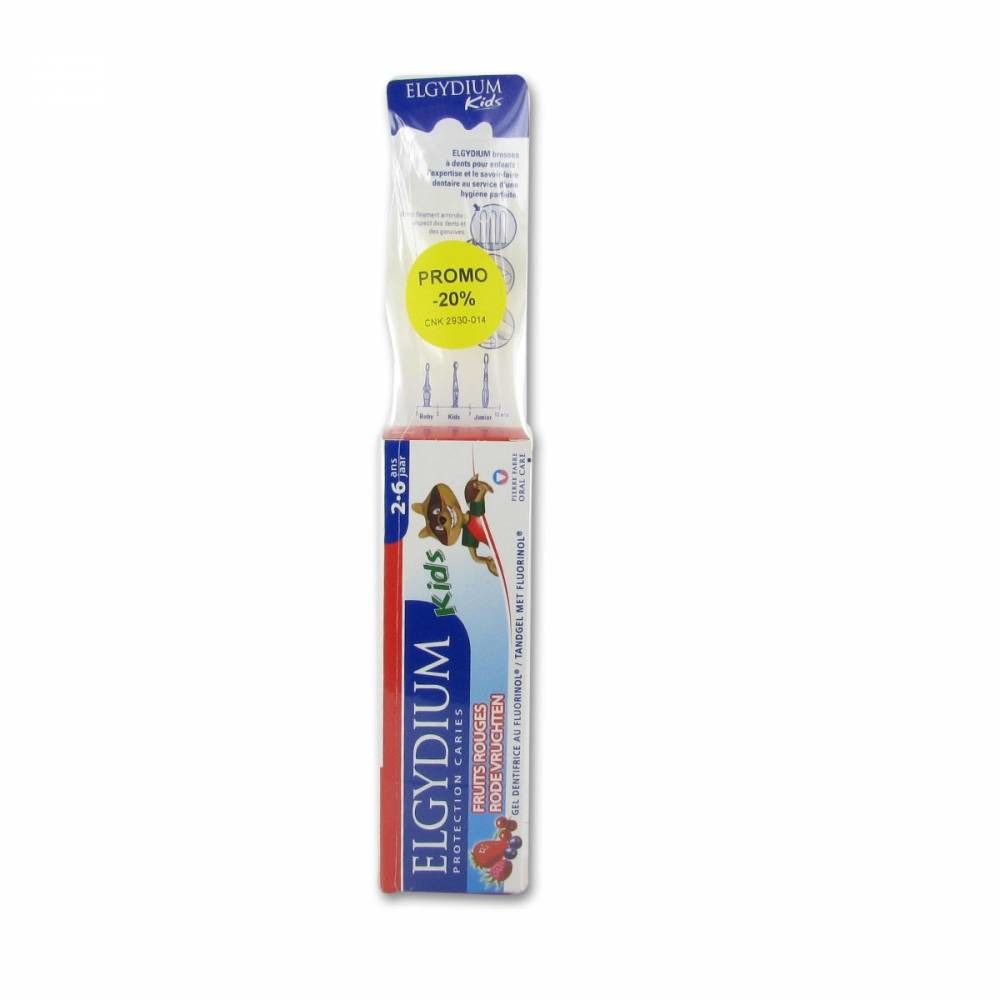 Emballage de dentifrice "Elgydium Kids" avec autocollant "Promo -20%". Goût fruits rouges. Illustration de brosses à dents sur l'emballage.