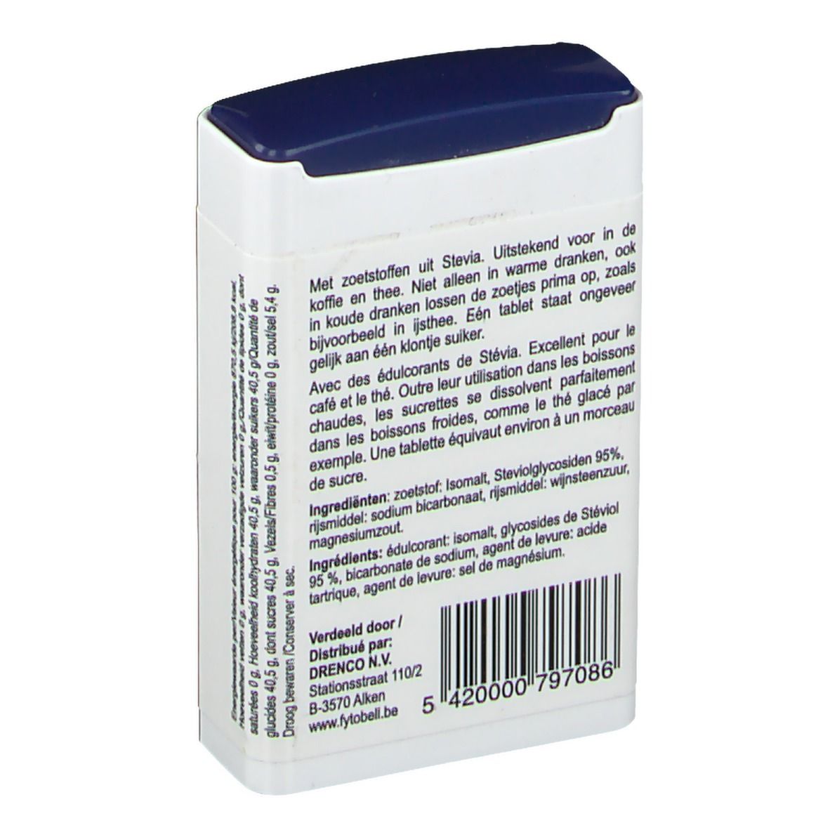 Dos d'une boîte blanche avec couvercle bleu. Informations textuelles et code-barres.