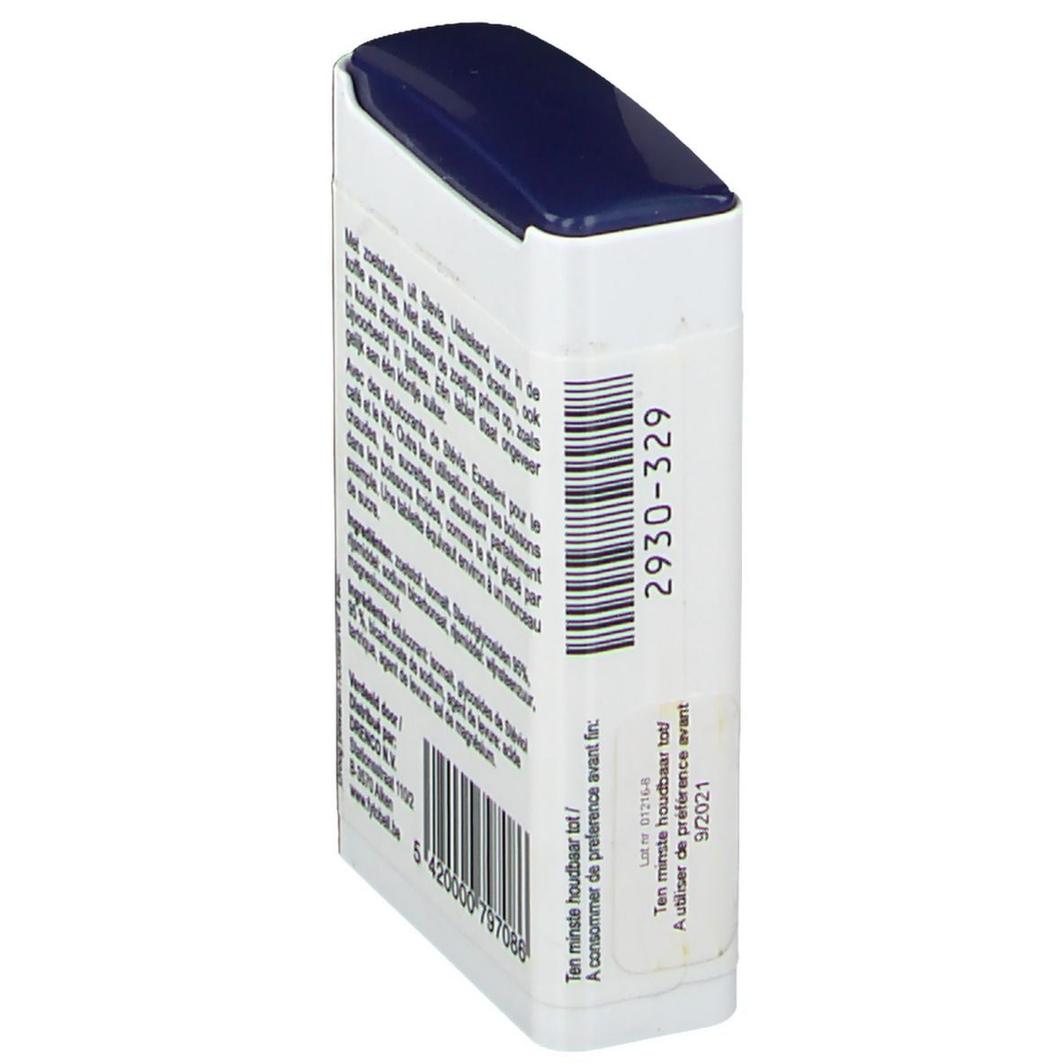 Vue latérale d'une boîte blanche avec couvercle bleu. Texte et code-barres.