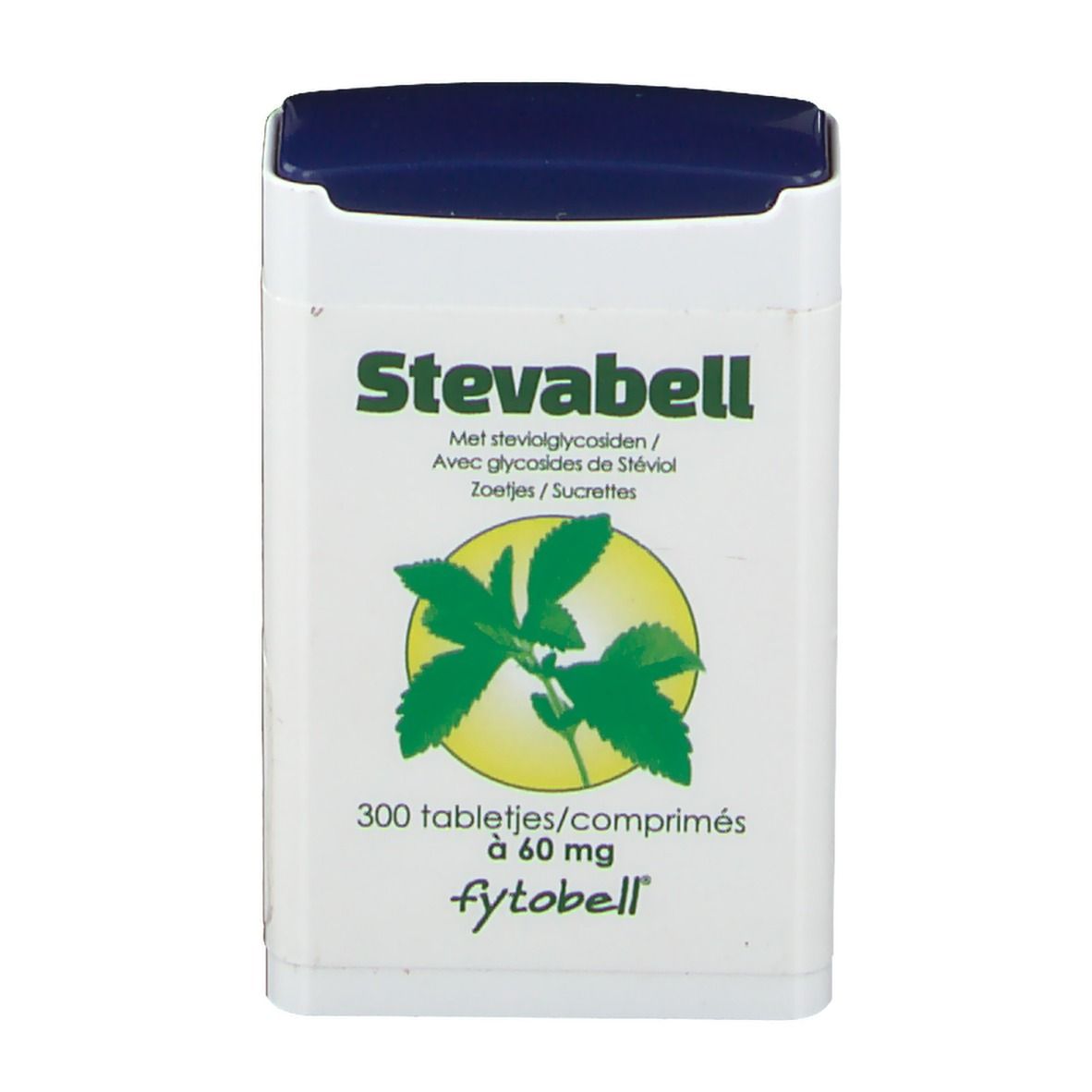 Boîte blanche avec couvercle bleu. Inscription: Stevabell, 300 comprimés à 60 mg, fytobell. Illustration d'une feuille.