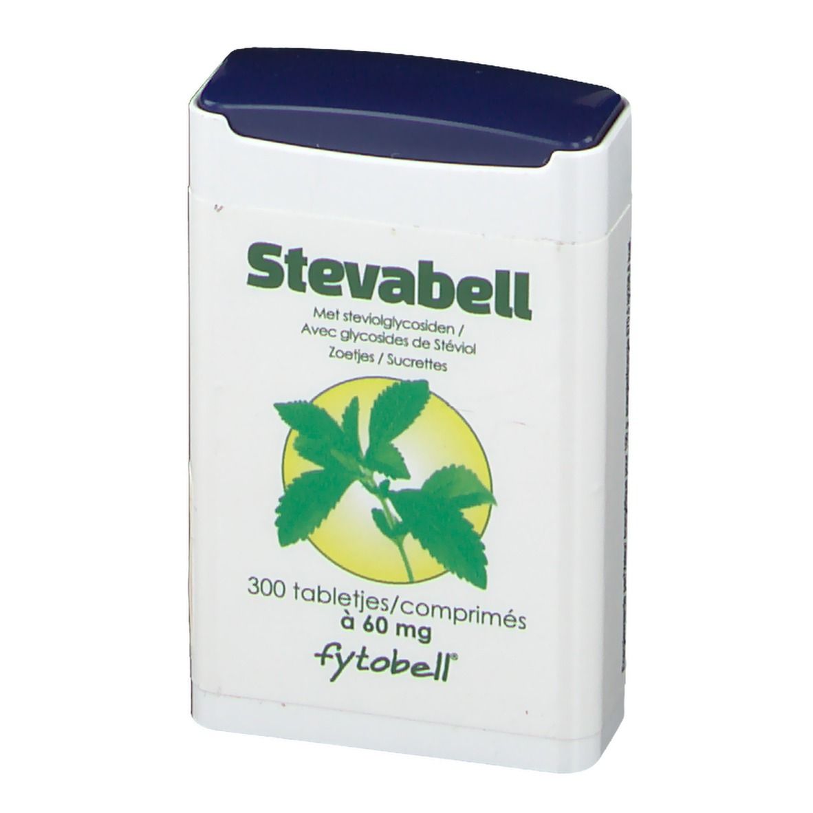 Boîte blanche avec couvercle bleu. Inscription: Stevabell, 300 comprimés à 60 mg, fytobell. Illustration d'une feuille.