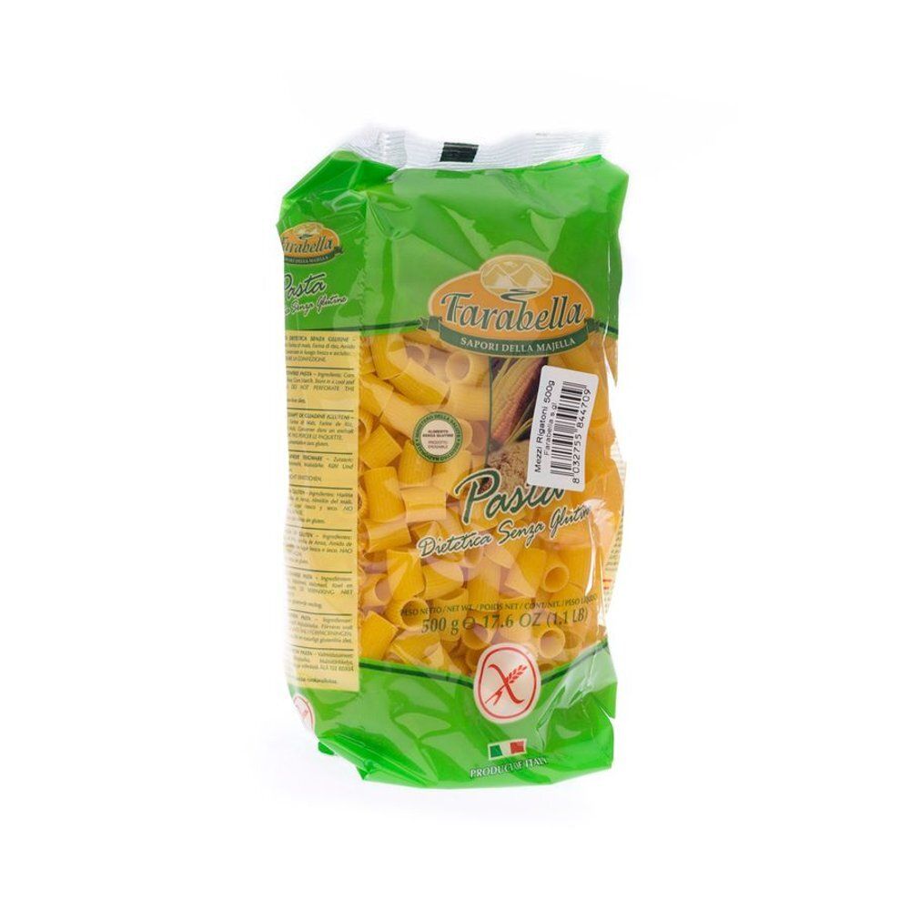 Verpakking Farabella Mezze Rigatoni glutenvrije pasta. Groene verpakking met productnaam en glutenvrij symbool.
