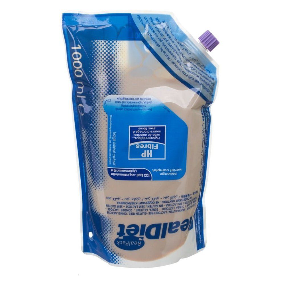 Zakje met product. Blauw en witte verpakking met tekst. Opschrift: HP Fibres, RealDiet. Met paarse sluiting.