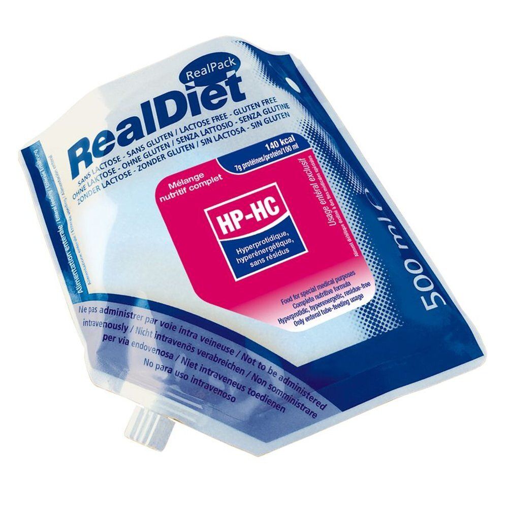 Sachet RealDiet HP-HC de 500 ml. Inscriptions en plusieurs langues, dont le français. Ne pas administrer par voie intraveineuse. Sans lactose, sans gluten.