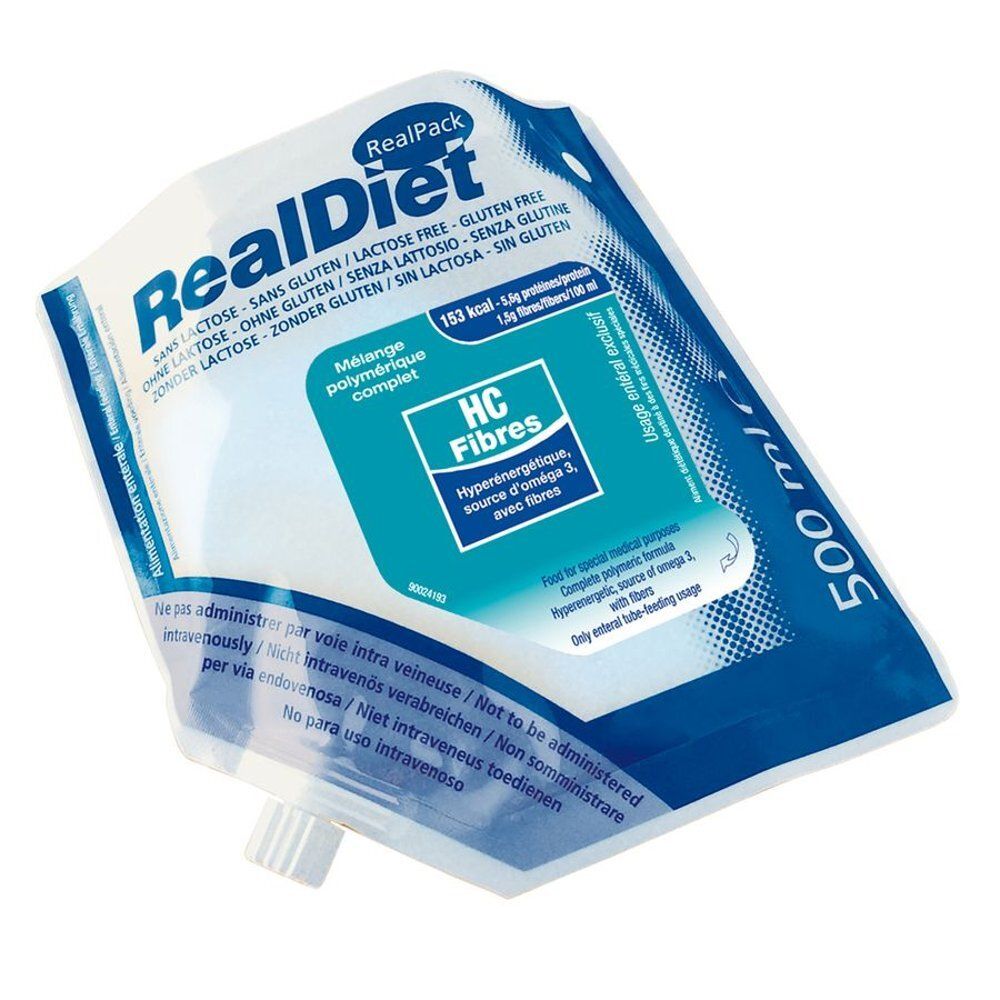 Zak RealDiet HC Fibres, 500 ml. Meertalige tekst. Niet intraveneus toedienen. Bevat vezels en omega 3. Voor enterale voeding.