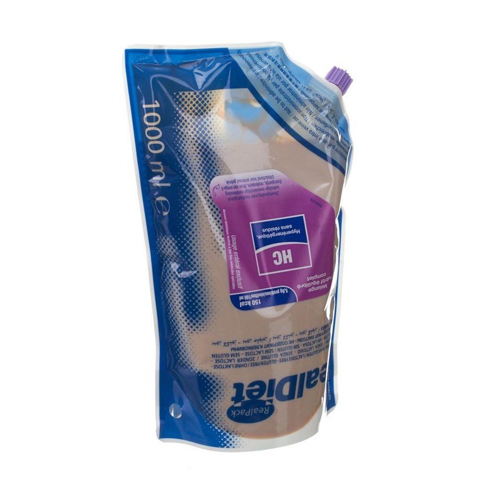 Sachet avec impression. Étiquette violette avec "HC". Bouchon à vis en haut. Inscription "1000 ml". Marque : RealDiet.