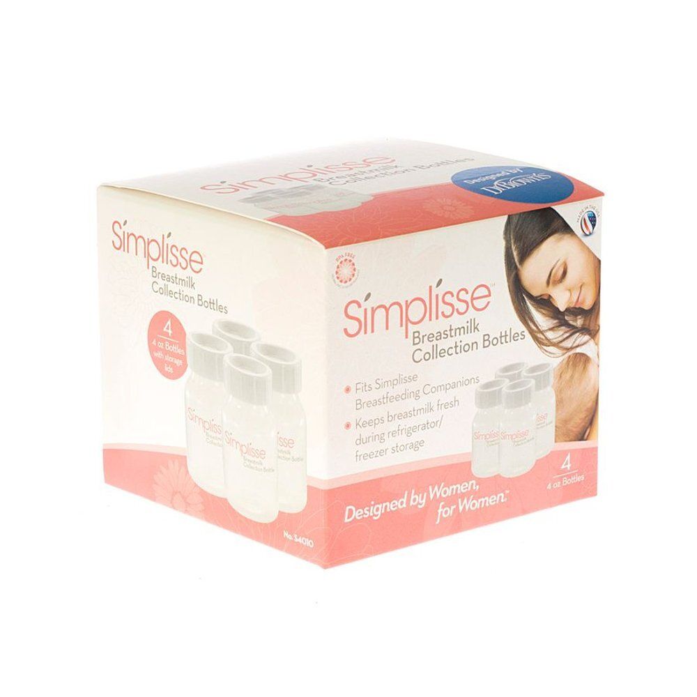 Verpakking met Simplisse Breastmilk Collection Bottles. Bevat 4 flessen. Opschrift: Designed by Women, for Women.