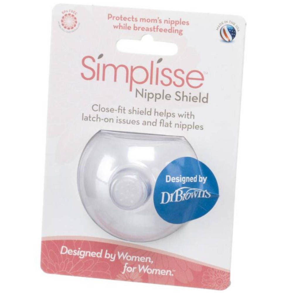 Verpakking met Simplisse Nipple Shield. Transparante tepelbeschermer in het midden. Tekst: Designed by Dr. Brown's.