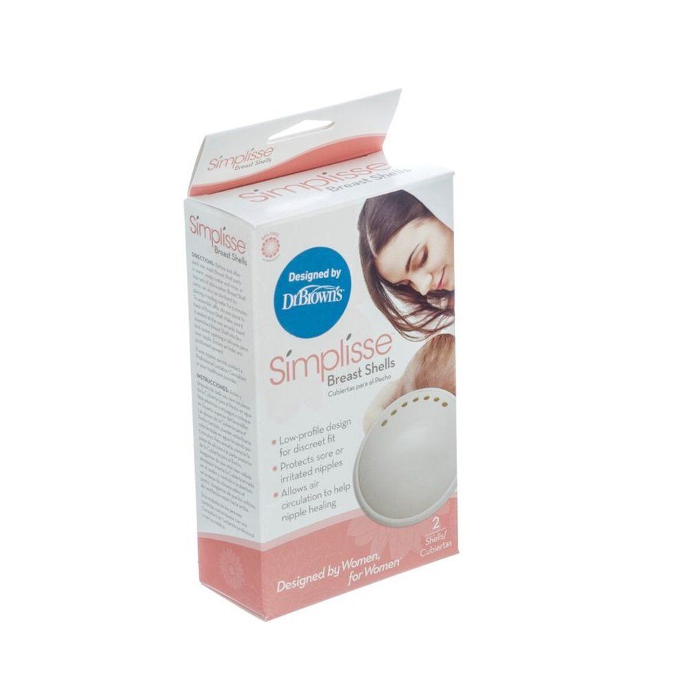 Verpakking van Simplisse Breast Shells. Witte schelp in geopende doos. Productnaam en merk zichtbaar. Tekst en illustraties.