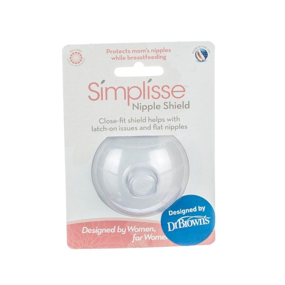 Simplisse Nipple Shield in blisterverpakking. Transparante tepelbeschermer. Productnaam en merk zichtbaar. Tekst op de verpakking.