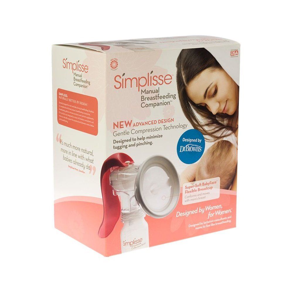 Verpakking van Simplisse handmatige borstkolf. Rode en witte elementen. Tekst: "Manual Breastfeeding Companion", "Designed by Dr. Brown's".