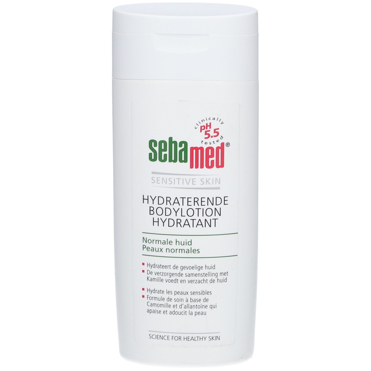 Witte fles Sebamed® Bodylotion met klapdeksel. Vooraanzicht met etiket.