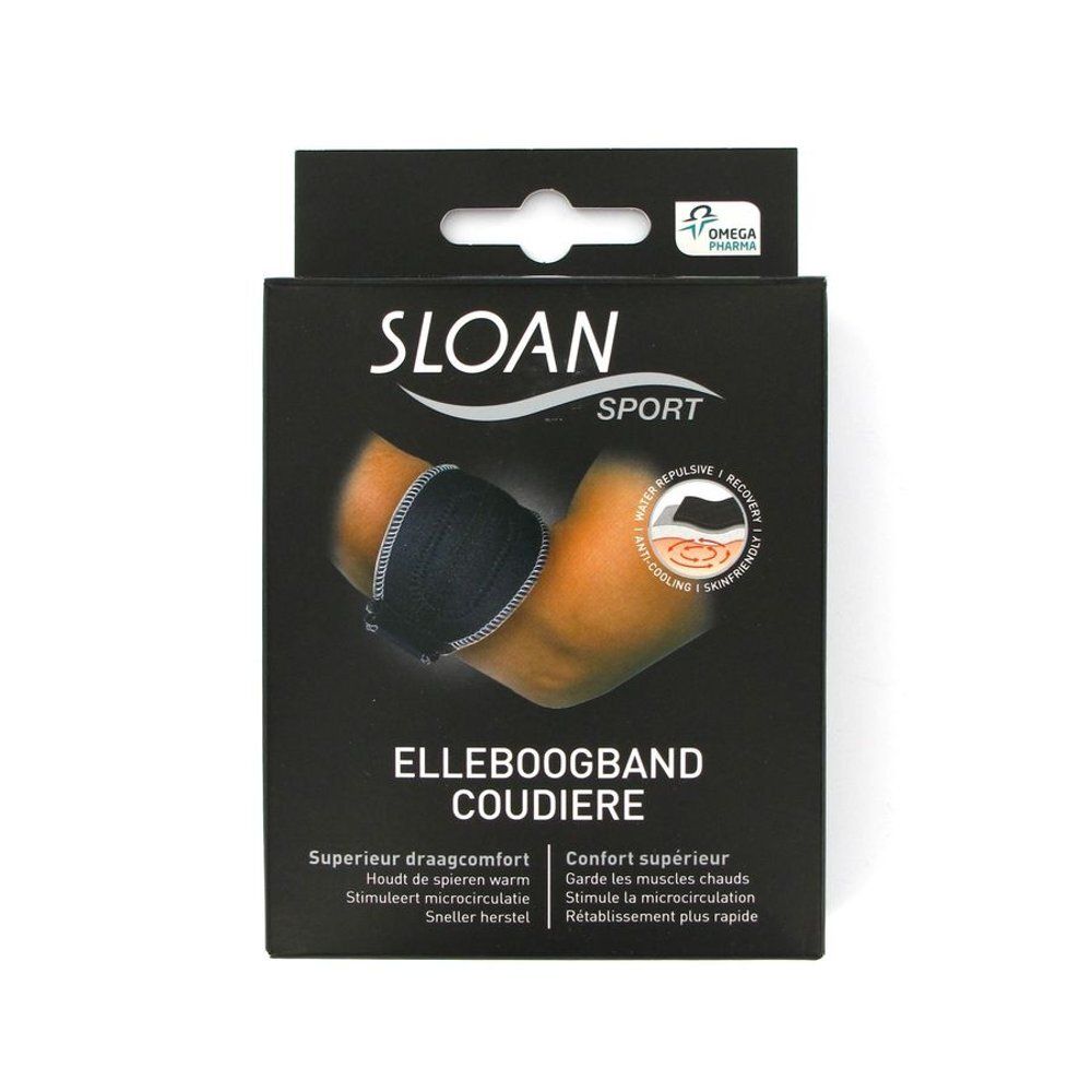 Boîte noire avec un bandage pour le coude. Inscription : SLOAN SPORT, ELLEBOOGBAND COUDIERE. Logo Omega Pharma.