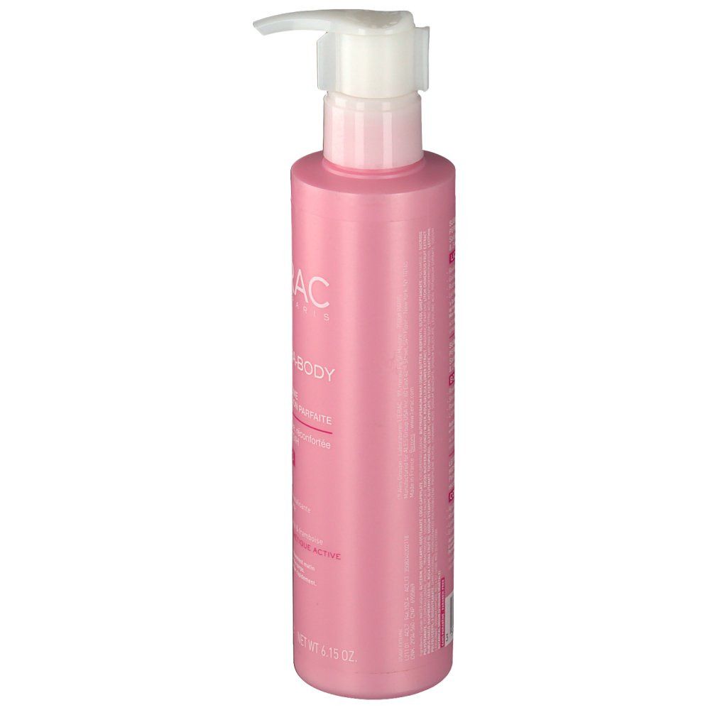 Flacon rose avec pompe blanche. Texte: Lierac, Hydra-Body, Lait hydratation. Vue latérale.