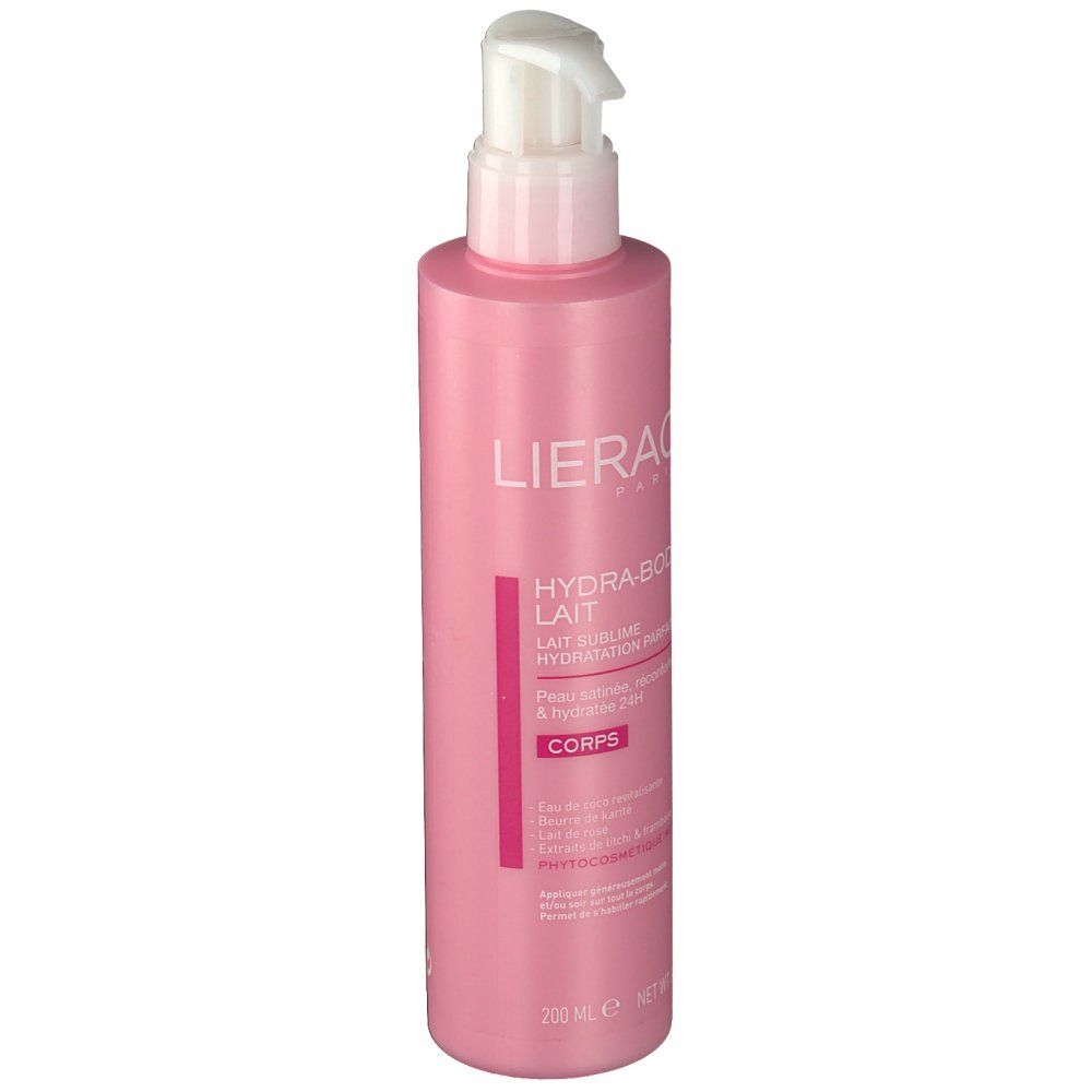 Flacon rose avec pompe blanche. Texte: Lierac, Hydra-Body, Lait hydratation. Vue de face.