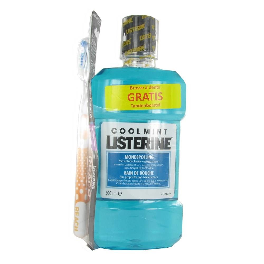 Bain de bouche Listerine Coolmint bleu avec brosse à dents. Inscription : Brosse à dents GRATIS. Flacon de 500 ml.