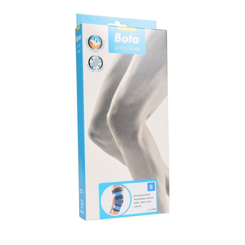 Verpakking voor kniebrace. Bota ortho knee, maat 6. Zwart en blauw. Illustratie van een knie.