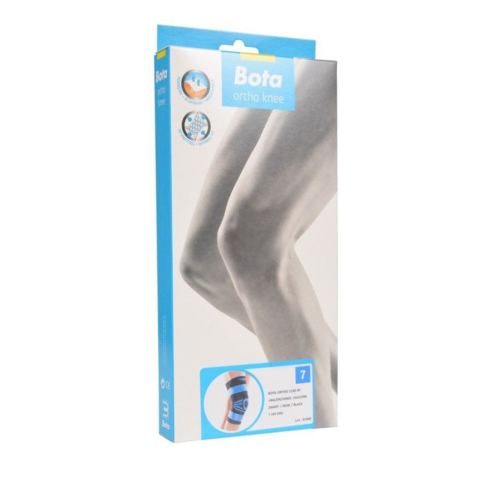 Boîte Bota Ortho genou. Emballage bleu et blanc avec image du produit et indication de taille.