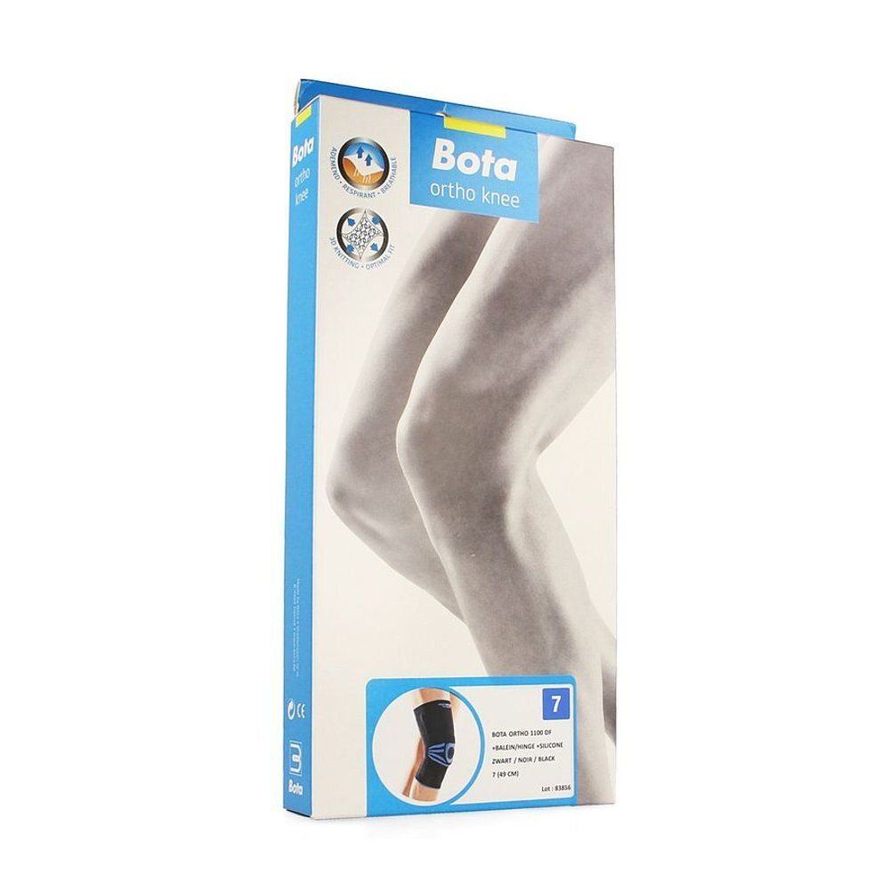 Verpakking van Bota Ortho Knee kniebrace, maat 7. Afbeelding van een knie. Blauwe en witte kleuren.