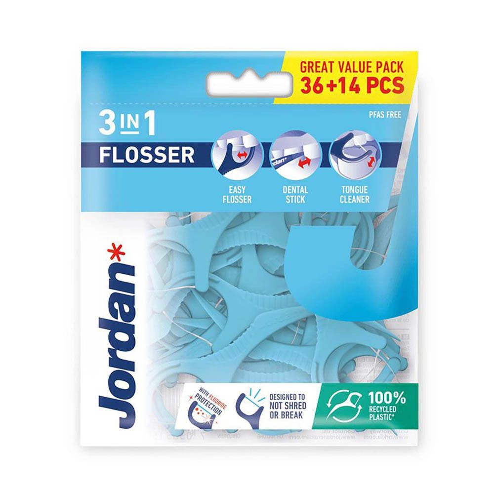 Verpakking Jordan 3-in-1 Flosser. Bevat 36+14 stuks. Blauwe tandenstokers in transparante plastic verpakking. Met logo's en productinformatie.
