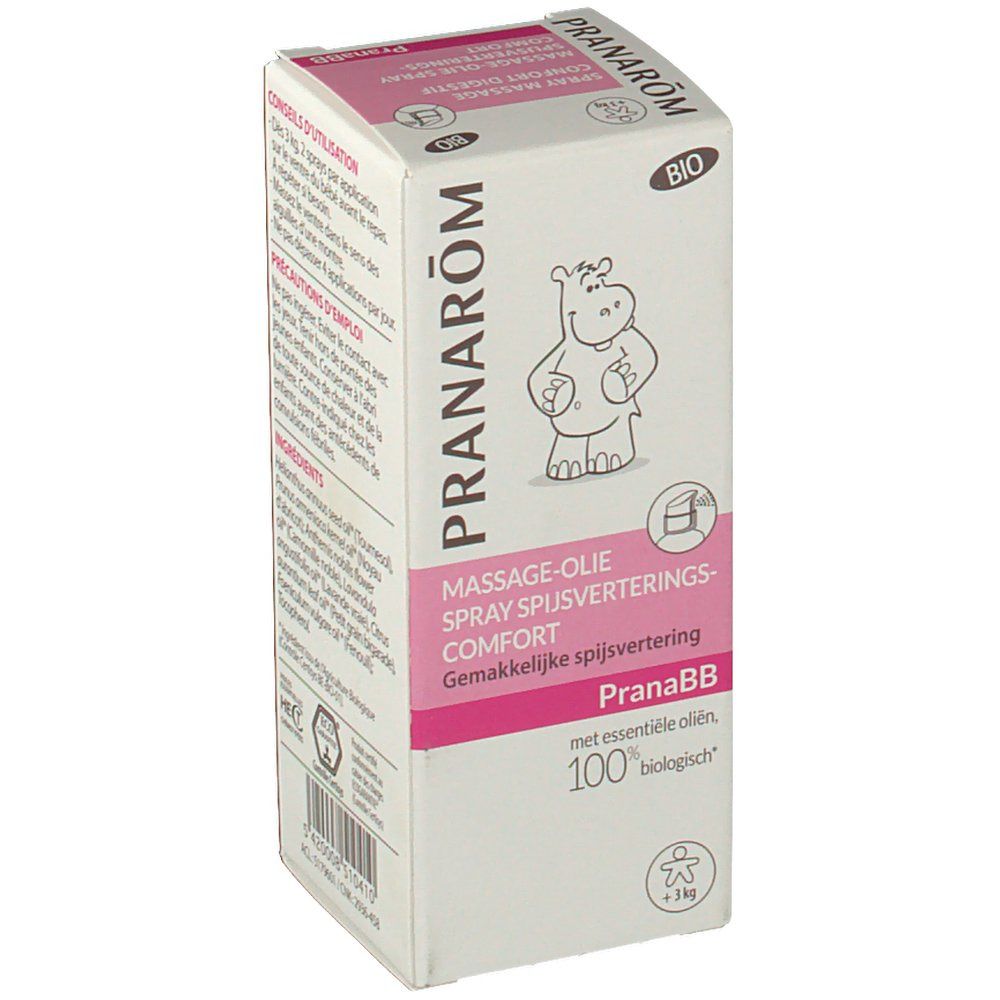 Emballage du produit avec informations. Emballage rose et blanc. Contient le logo PRANAROM et PranaBB.