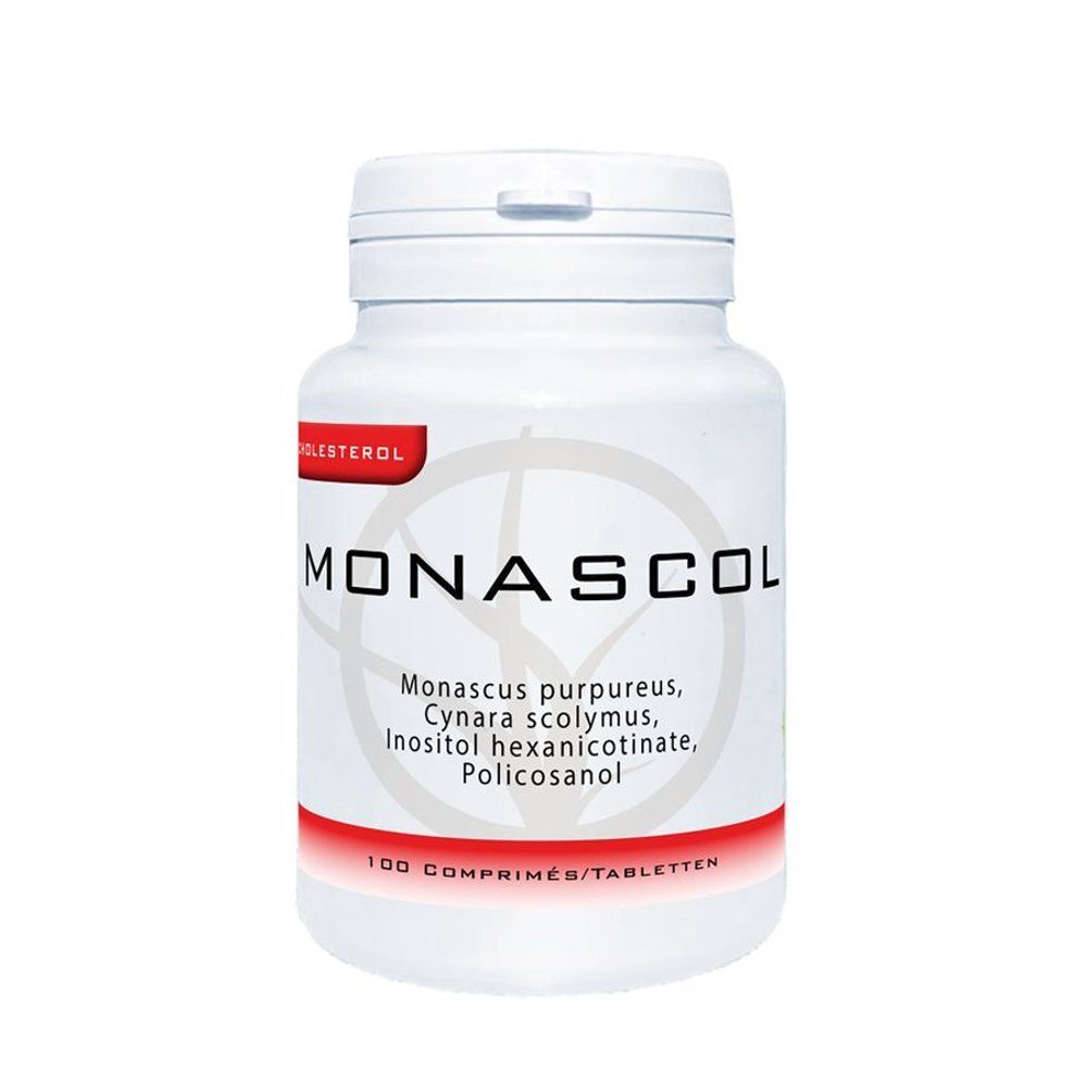 Monascol fles met rood etiket met 'Cholesterol' en het aantal tabletten (100).