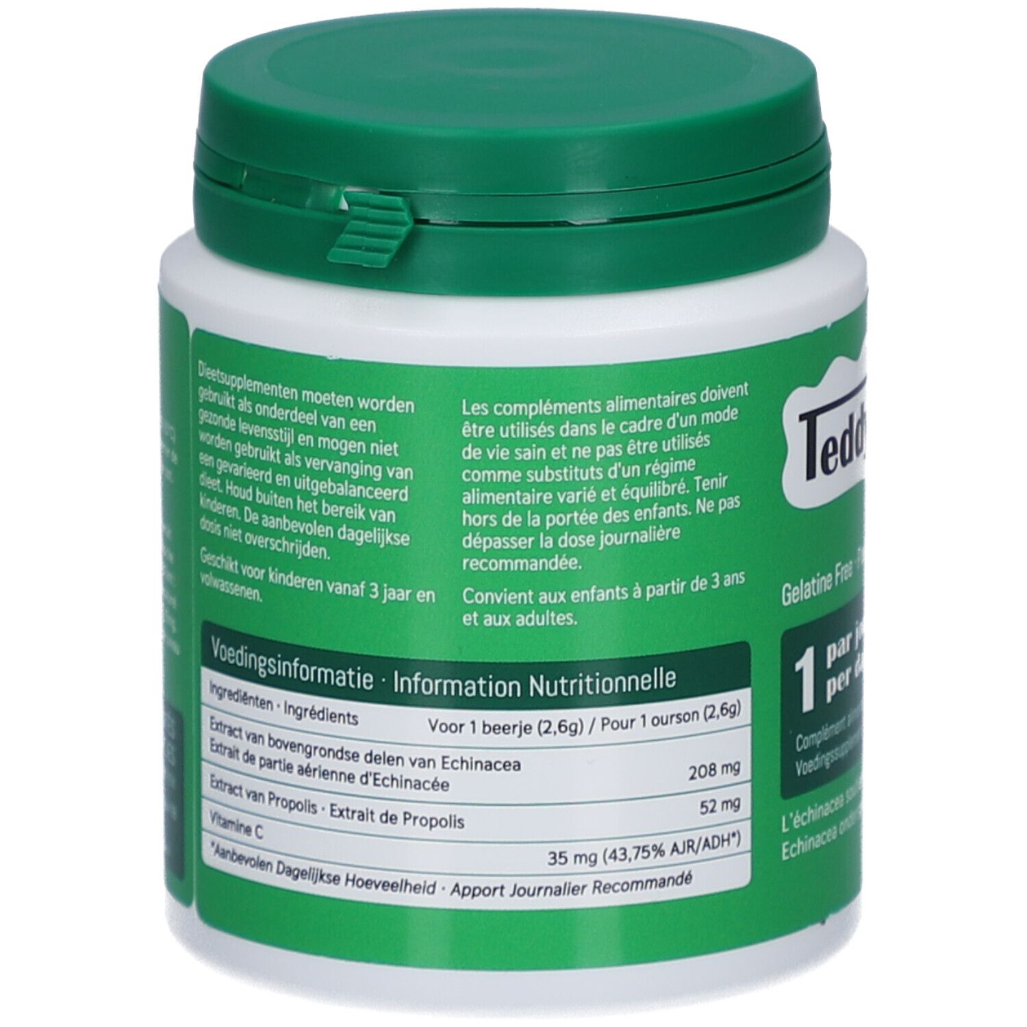 Dos du récipient. Mode d'emploi, ingrédients, valeurs nutritionnelles. Inscription: Echinacea + Propolis + Vit C.