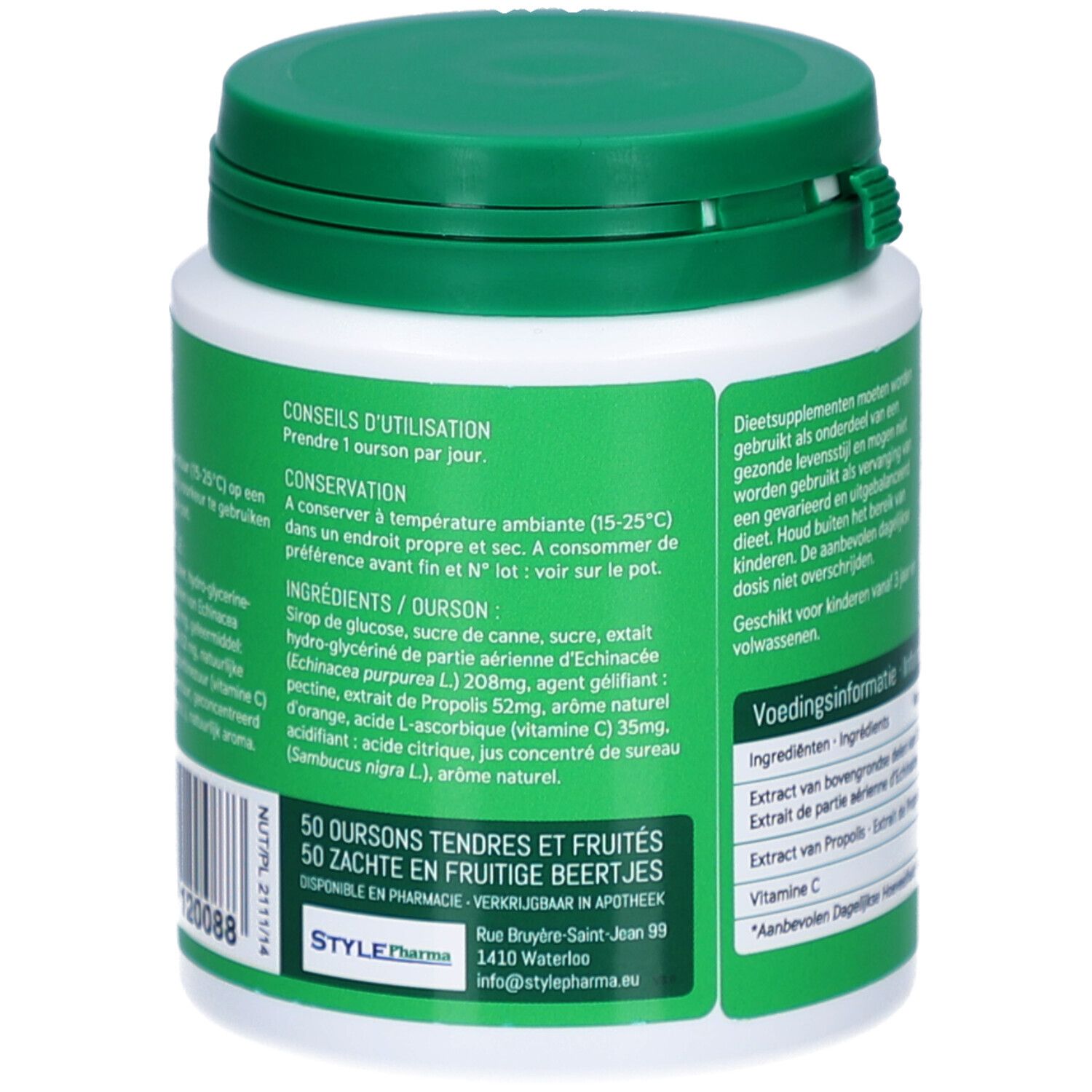 Récipient blanc, couvercle vert. Inscription: Teddy-Vit, Echinacea + Propolis + Vit C. 130g.